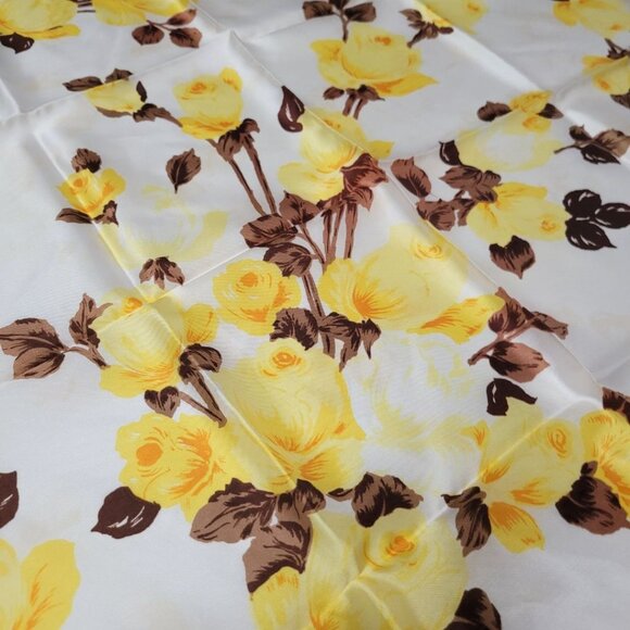 Square Scarf Japan Acetate Floral Yellow Roses Womens Soft Vintage  USA 24 Inch - Picture 4 of 6